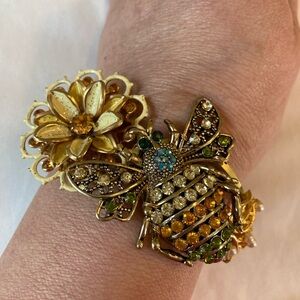 Autumn Fall Bumble Bee Flowers Maple Leaf Faux‎ Pearls Hinged Statement Bracelet